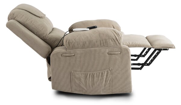Fotel Masujący FENIX z Funkcją Wstawania Elektrycznie Rozkładany Beżowy Sztruksowy Nowoczesny