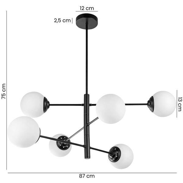 ŻYRANDOL LAMPA SUFITOWA WISZĄCA NOWOCZESNA CZARNA BIAŁE KULE FINO 6 LED