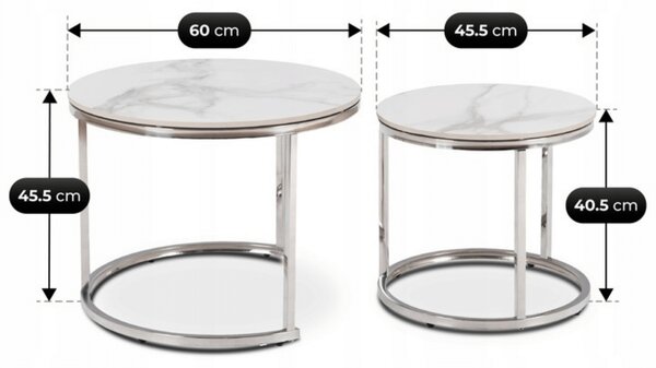 Zestaw Stolików Kawowych AMARA 45,5 cm/60 cm Biały Marmur/Srebrny Glamour