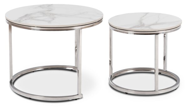Zestaw Stolików Kawowych AMARA 45,5 cm/60 cm Biały Marmur/Srebrny Glamour