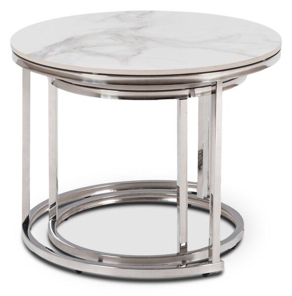 Zestaw Stolików Kawowych AMARA 45,5 cm/60 cm Biały Marmur/Srebrny Glamour