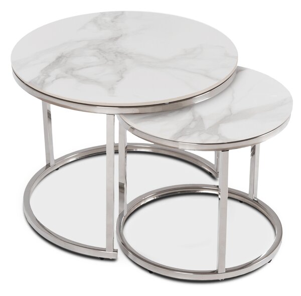Zestaw Stolików Kawowych AMARA 45,5 cm/60 cm Biały Marmur/Srebrny Glamour