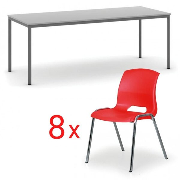 Stół do jadalni, szary 2000 x 800 + 8 krzeseł Cleo, czerwony