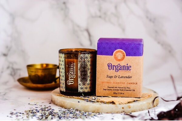 Organiczna świeca kadzidlana Sage & Lavender200 g w szklanym pojemniku ze złotą folią