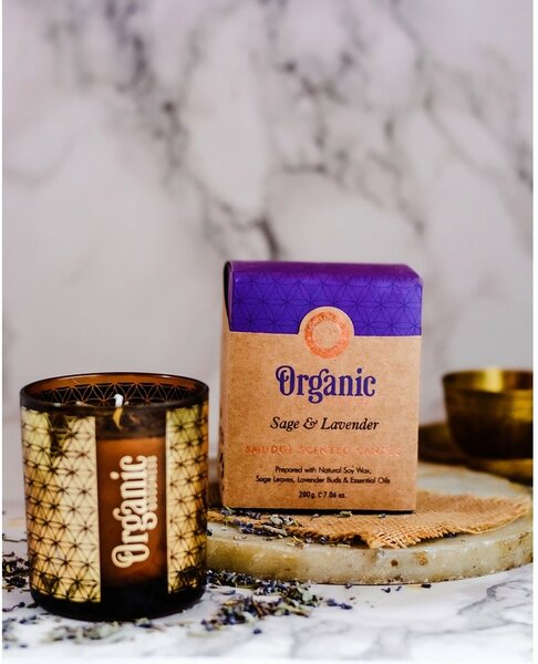 Organiczna świeca kadzidlana Sage & Lavender200 g w szklanym pojemniku ze złotą folią