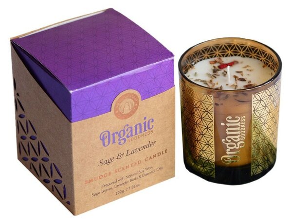 Organiczna świeca kadzidlana Sage & Lavender200 g w szklanym pojemniku ze złotą folią