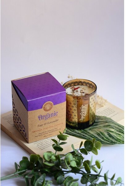 Organiczna świeca kadzidlana Sage & Lavender200 g w szklanym pojemniku ze złotą folią