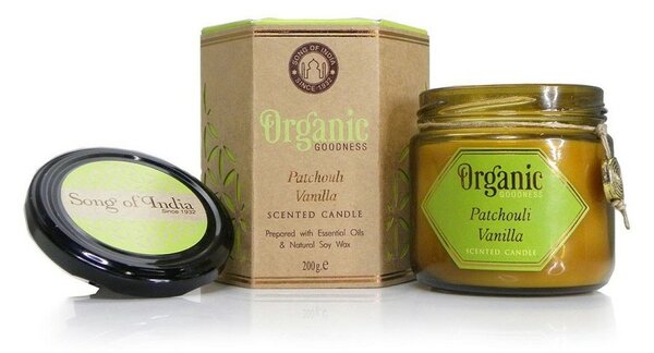 Naturalna sojowa świeca zapachowa Patchouli Vanilla 200 g w bursztynowym szkle