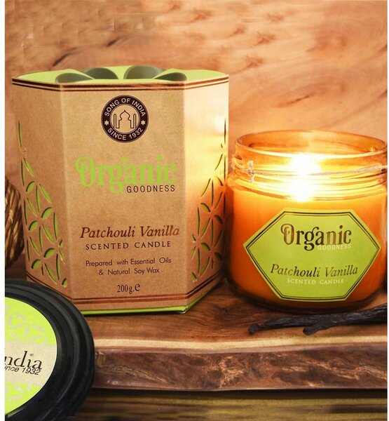 Naturalna sojowa świeca zapachowa Patchouli Vanilla 200 g w bursztynowym szkle