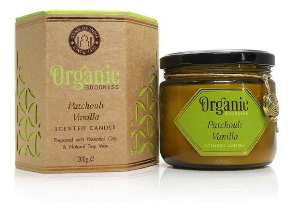 Naturalna sojowa świeca zapachowa Patchouli Vanilla 200 g w bursztynowym szkle