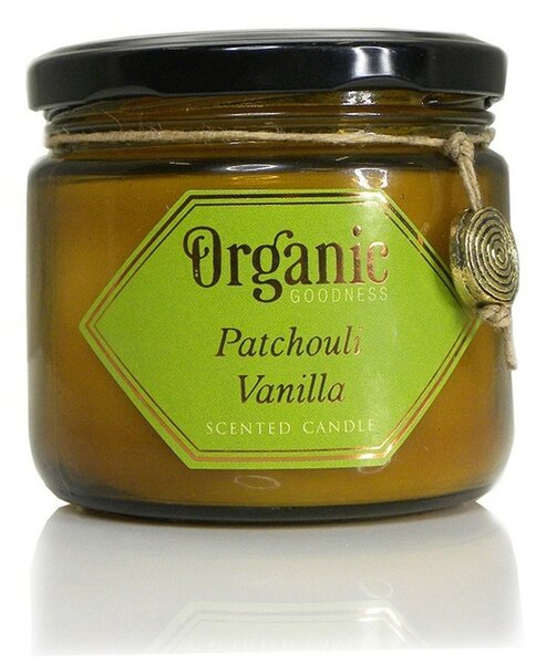 Naturalna sojowa świeca zapachowa Patchouli Vanilla 200 g w bursztynowym szkle