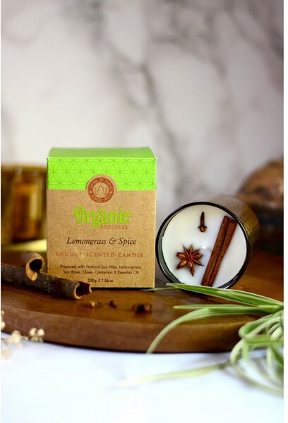 Organiczna świeca kadzidlana Lemongrass &Spice 200 g w szklanym słoiku ze złotą folią