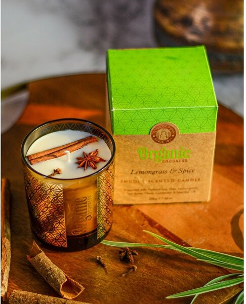 Organiczna świeca kadzidlana Lemongrass &Spice 200 g w szklanym słoiku ze złotą folią