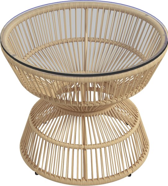 Stolik kawowy Outsunny Rattan, Ø60 cm, stolik ogrodowy z blatem ze szka hartowanego, stolik balkonowy w stylu boho, stolik kawowy do ogrodu, na balkon, drewno naturalne
