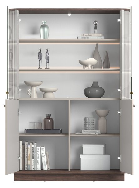 Witryna Vesper 103 cm czterodrzwiowa na cokole - kaszmir / orzech / złote uchwyty