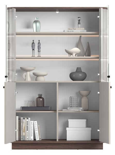 Witryna Vesper 103 cm czterodrzwiowa na cokole - kaszmir / orzech / czarne uchwyty