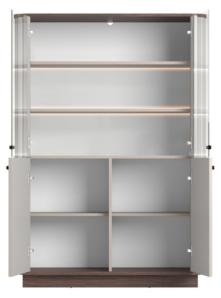 Witryna Vesper 103 cm czterodrzwiowa na cokole - kaszmir / orzech / czarne uchwyty