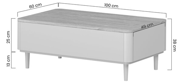 Stolik kawowy Elivo 100 cm z szufladami na nóżkach - eukaliptus / dąb baltic dune