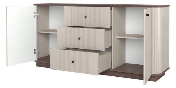 Komoda Vesper 160 cm z szufladami na cokole - kaszmir / orzech / czarne uchwyty