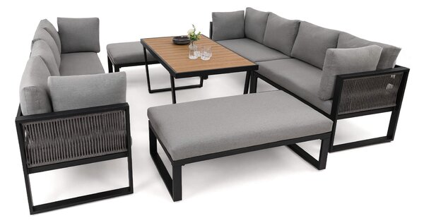 MebleMWM Zestaw mebli ogrodowych RAVENA DUO + Stół Sycylia | Aluminium czarny | Szare poduszki OUTLET
