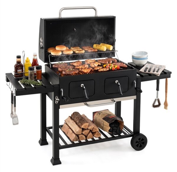 Duży grill węglowy na kółkach z pokrywą