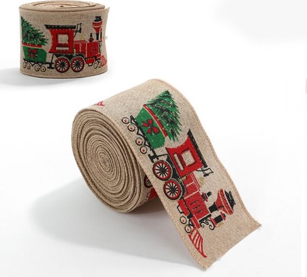 Wstążka świąteczna CHRISTMAS TRAIN 6,3 cm x 2 m, beżowa
