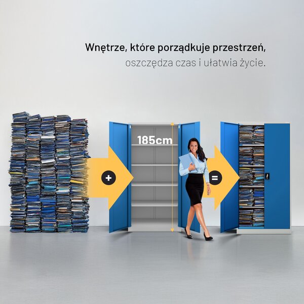 Szafa biurowa na dokumenty z 4 półkami szaro-niebieska, 900x1850x400 mm: JAN