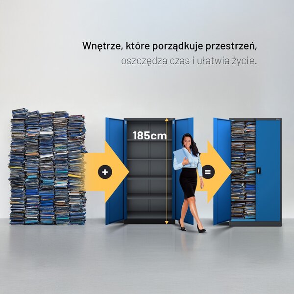 Szafa biurowa na dokumenty z 4 półkami antracytowo-niebieska, 900x1850x400 mm: JAN