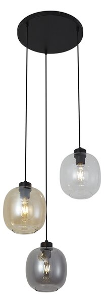 Lampa wisząca czarna z bursztynowym, przydymionym i przezroczystym szkłem 3-źródła światła - Elena