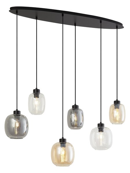 Lampa wisząca czarna z bursztynowym, przydymionym i przezroczystym szkłem, 6-punktowa - Elena