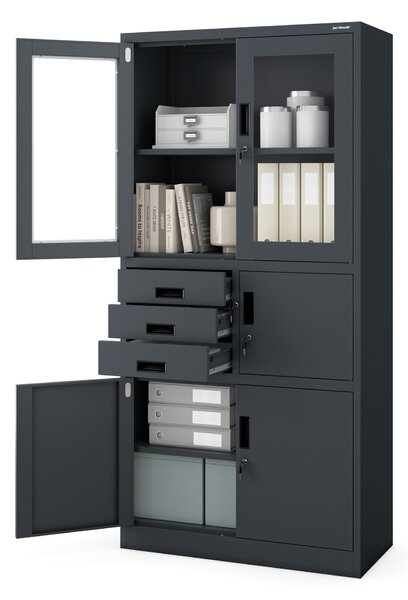 Szafa biurowa metalowa z sejfem szklane drzwi antracytowa, 900 x 1850 x 400 mm: FILIP