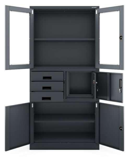 Szafa biurowa metalowa z sejfem szklane drzwi antracytowa, 900 x 1850 x 400 mm: FILIP