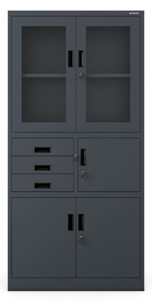 Szafa biurowa metalowa z sejfem szklane drzwi antracytowa, 900 x 1850 x 400 mm: FILIP