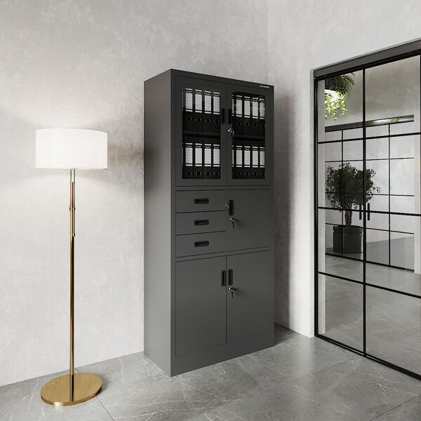 Szafa biurowa metalowa z sejfem szklane drzwi antracytowa, 900 x 1850 x 400 mm: FILIP