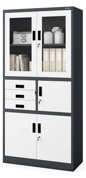 Szafa biurowa metalowa z sejfem, szklane drzwi, antracytowo-biała, 900x1850x400 mm: FILIP