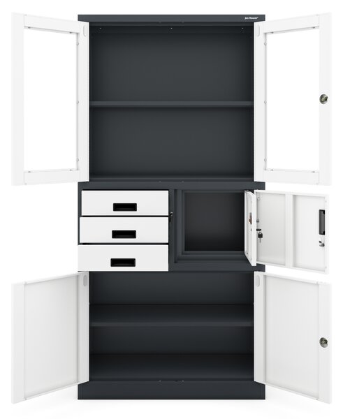 Szafa biurowa metalowa z sejfem, szklane drzwi, antracytowo-biała, 900x1850x400 mm: FILIP