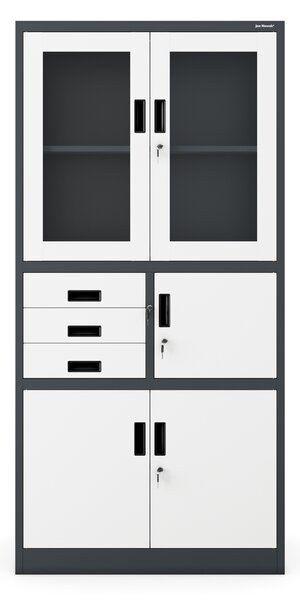 Szafa biurowa metalowa z sejfem, szklane drzwi, antracytowo-biała, 900x1850x400 mm: FILIP
