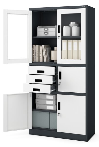 Szafa biurowa metalowa z sejfem, szklane drzwi, antracytowo-biała, 900x1850x400 mm: FILIP