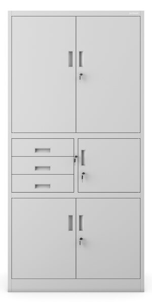 Szafa biurowa metalowa z sejfem i szufladami szara, 900x1850x400 mm: FILIP II