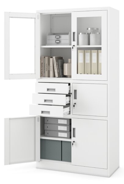 Szafa biurowa metalowa z sejfem, szklane drzwi, biała, 900x1850x400 mm: FILIP