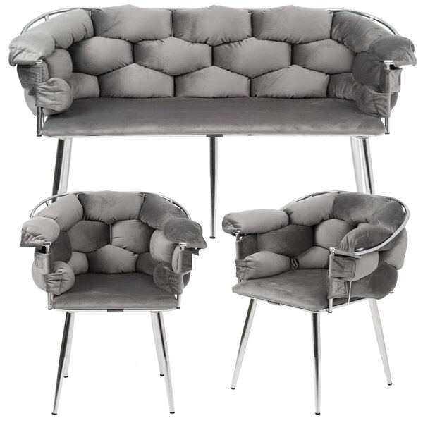Sofa glamour + 2 fotele CHIC / szary welur, srebrna rama