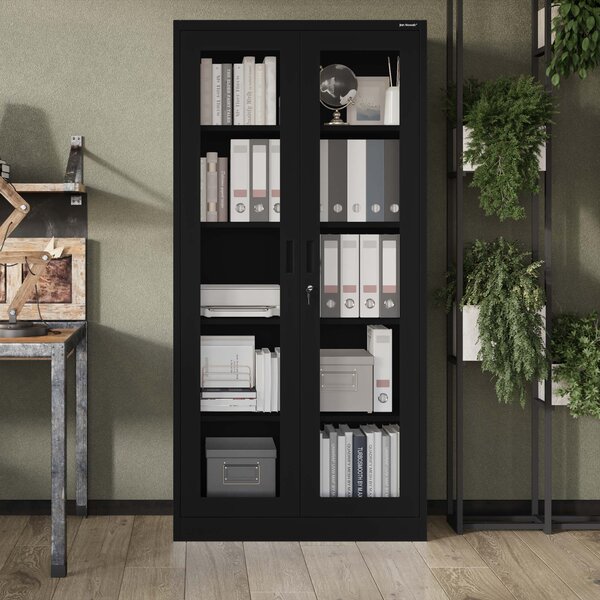 Witryna przeszklona metalowa wysoka z zamkiem czarna, 900x1850x400 mm: AMELIA