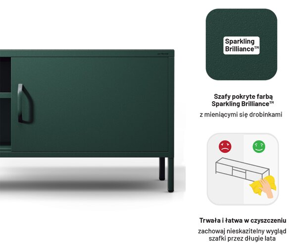 Szafka RTV metalowa szeroka XL na nóżkach butelkowa zieleń, 1700x400x500 mm: ROSARIA