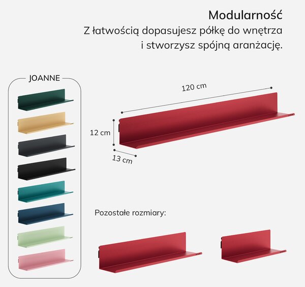 Półka wisząca metalowa czerwona, 1200 mm: JOANNE Modern