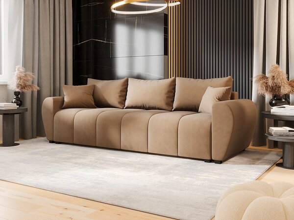 Jasnobrązowa welurowa sofa rozkładana z pojemnikiem B3-M33