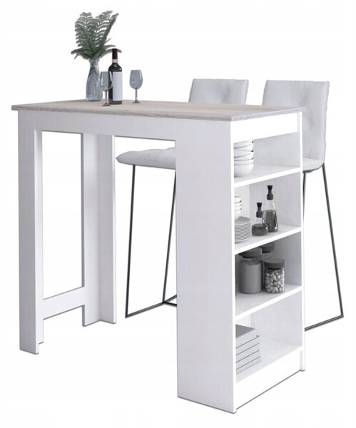 Stolik barowy pod hoker AKORD Biały 115 cm kolor Dąb Sonoma mat 4 półki 115x50x103 cm