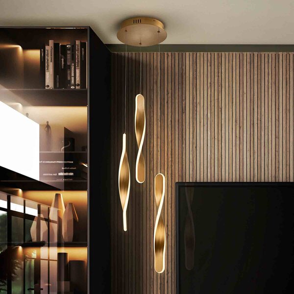 Schuller Valencia Lampa wisząca Twist, możliwość ściemniania, mosiężny / złoty, salon / jadalnia, aluminium