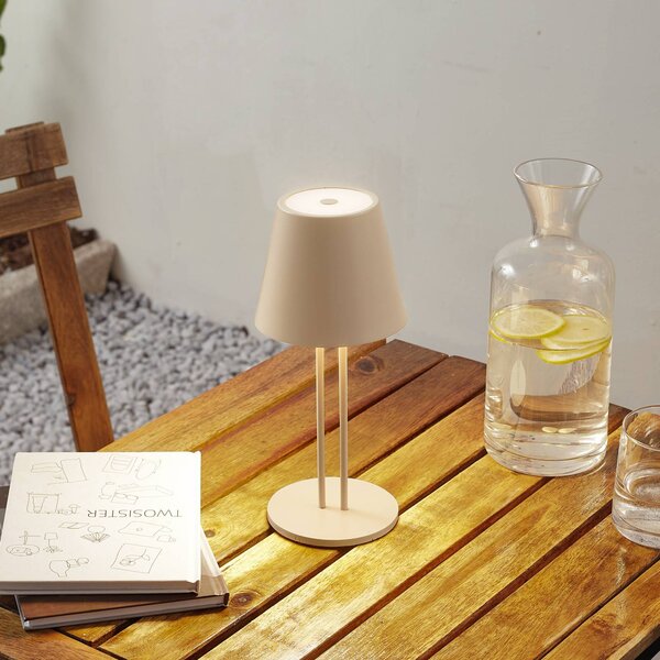 Akumulatorowa lampa stołowa LED Janea TWIN, beżowy, metal, Lindby Lindby, możliwość ściemniania, kremowy / amber, metal, nowoczesny