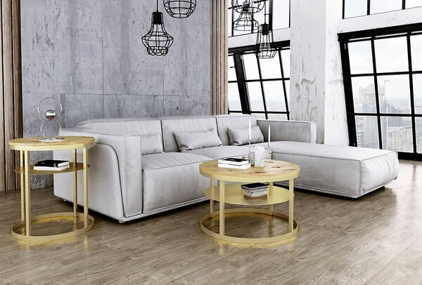 Nowoczesny stolik kawowy z półką dąb artisan + złoty N0-W25
