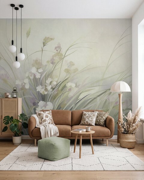 Fototapety Wysoka trawa i polne kwiaty w delikatnych odcieniach zieleni, grafika z wyrazistą fakturą, Fototapety Kwiaty, w10062v1 : Uwalls.pl